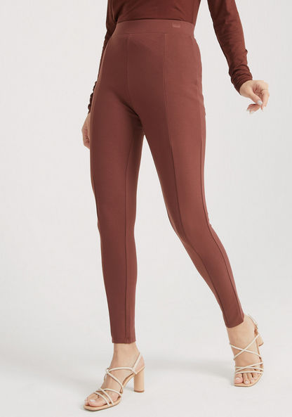Solid Mid-Rise Leggings with Elasticated Waistband-Leggings-image-0