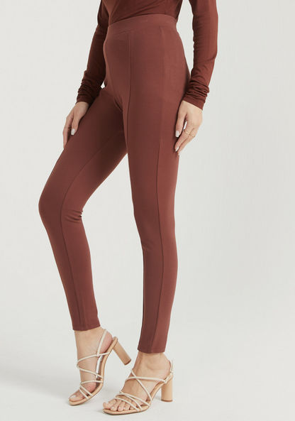 Solid Mid-Rise Leggings with Elasticated Waistband-Leggings-image-4