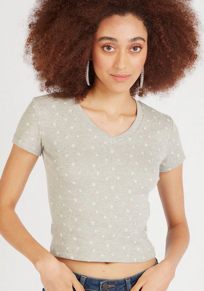 Floral Print Ribbed V-neck Crop Top with Cap Sleeves-T Shirts-image-2