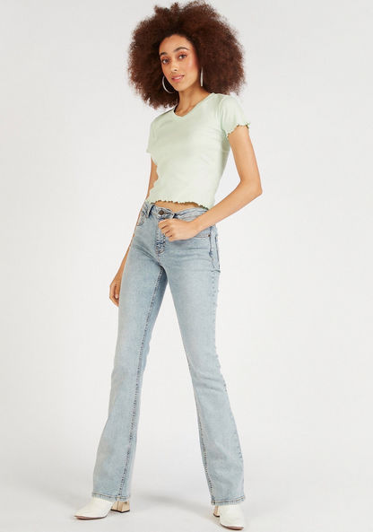 Solid V-neck Ribbed Crop Top with Lettuce Hem and Short Sleeves-T Shirts-image-1
