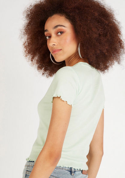 Solid V-neck Ribbed Crop Top with Lettuce Hem and Short Sleeves-T Shirts-image-3