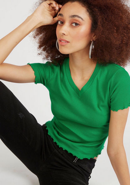 Solid V-neck Ribbed Crop Top with Lettuce Hem and Short Sleeves-T Shirts-image-0