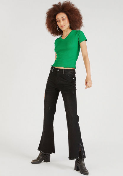 Solid V-neck Ribbed Crop Top with Lettuce Hem and Short Sleeves-T Shirts-image-1