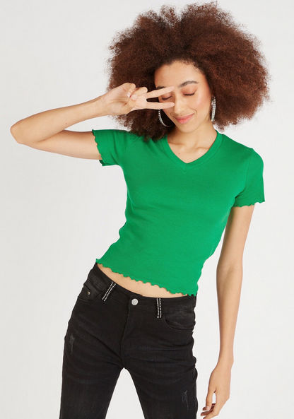 Solid V-neck Ribbed Crop Top with Lettuce Hem and Short Sleeves-T Shirts-image-2