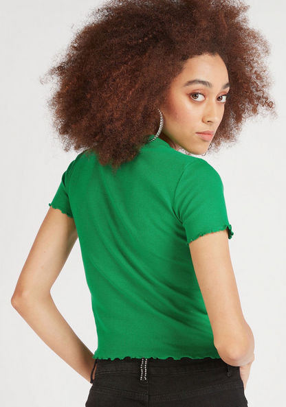 Solid V-neck Ribbed Crop Top with Lettuce Hem and Short Sleeves-T Shirts-image-3