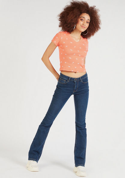 Printed Ribbed V-neck Crop Top with Cap Sleeves-T Shirts-image-1