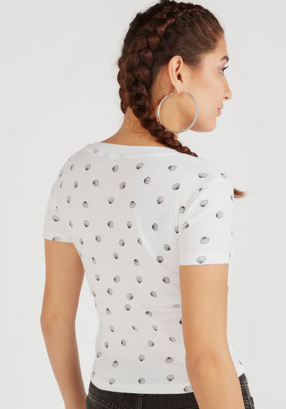 Shell Print Ribbed Crop Top with Cap Sleeves and V-neck-T Shirts-image-3