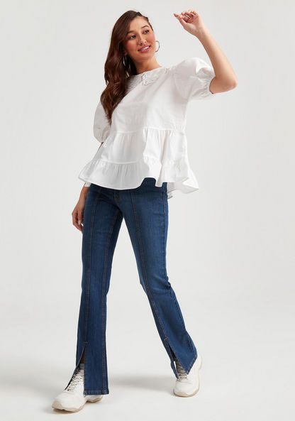 Solid Top with Peter Pan Collar and Puff Sleeves-Shirts & Blouses-image-1