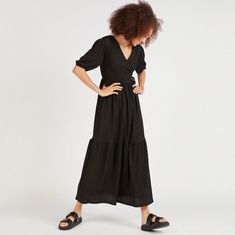 Textured Maxi Wrap Dress with Puff Sleeves