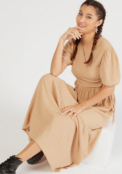 Textured Maxi Wrap Dress with Puff Sleeves-Dresses-image-0