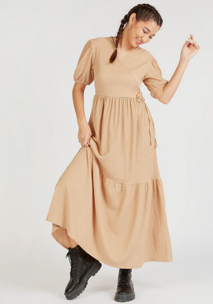 Textured Maxi Wrap Dress with Puff Sleeves-Dresses-image-1