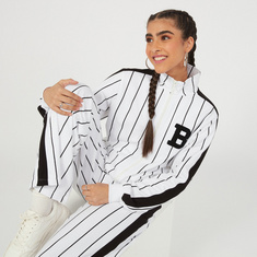 Striped High Neck Zip Through Varsity Jacket with Long Sleeves