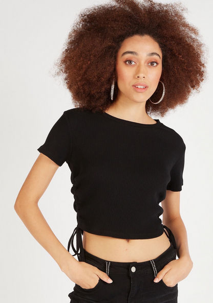 Ribbed Crop T-shirt with Tie-Up Detail and Short Sleeves-T Shirts-image-2