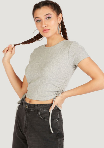 Ribbed Crop T-shirt with Tie-Up Detail and Short Sleeves-T Shirts-image-0