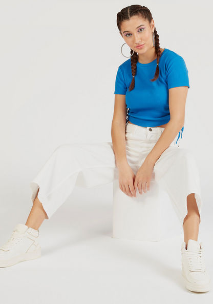 Ribbed Crop T-shirt with Tie-Up Detail and Short Sleeves-T Shirts-image-1