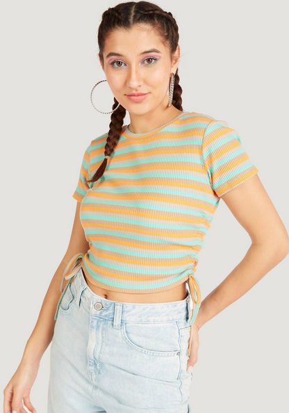 Striped Crop T-shirt with Crew Neck and Short Sleeves-T Shirts-image-0