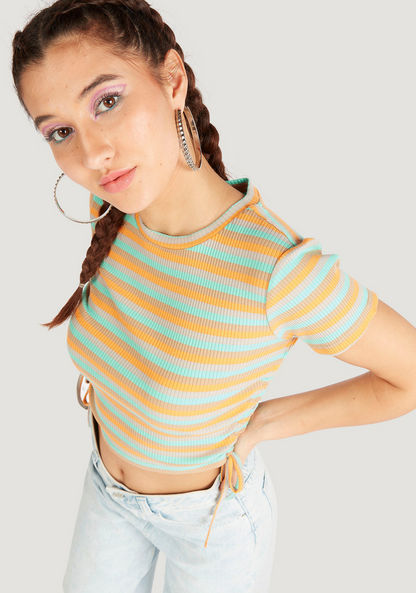 Striped Crop T-shirt with Crew Neck and Short Sleeves-T Shirts-image-2
