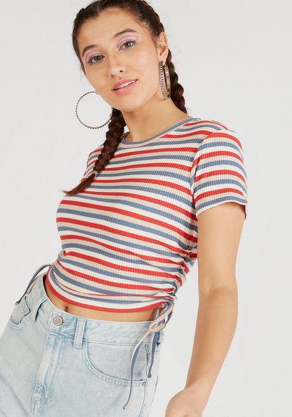 Striped Crop T-shirt with Round Neck and Short Sleeves-T Shirts-image-0