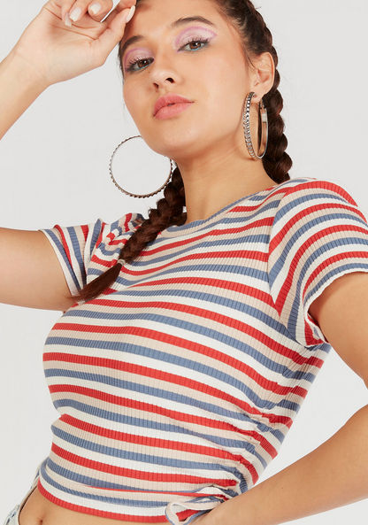 Striped Crop T-shirt with Round Neck and Short Sleeves-T Shirts-image-2