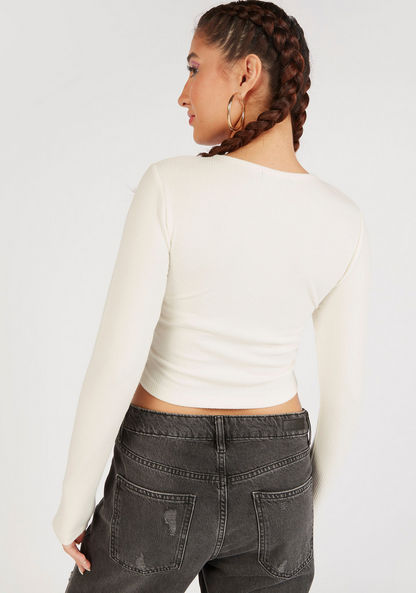 Textured Cropped T-shirt with Round Neck and Long Sleeves-T Shirts-image-3