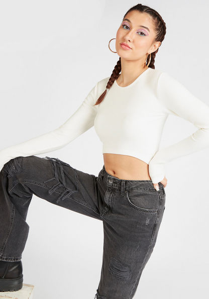 Textured Cropped T-shirt with Round Neck and Long Sleeves-T Shirts-image-4