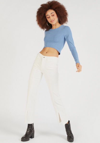 Textured Cropped T-shirt with Round Neck and Long Sleeves-T Shirts-image-1