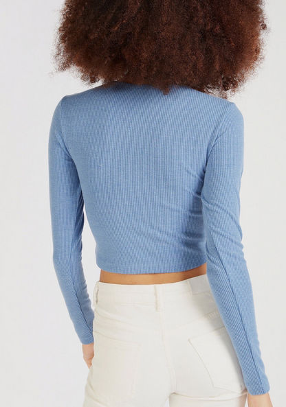 Textured Cropped T-shirt with Round Neck and Long Sleeves-T Shirts-image-3