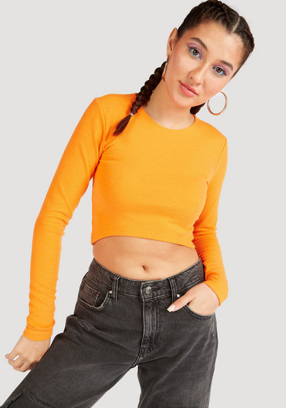 Textured Cropped T-shirt with Round Neck and Long Sleeves-T Shirts-image-0