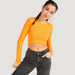 Textured Cropped T-shirt with Round Neck and Long Sleeves-T Shirts-thumbnailMobile-0