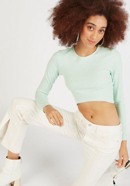 Textured Cropped T-shirt with Round Neck and Long Sleeves-T Shirts-image-0