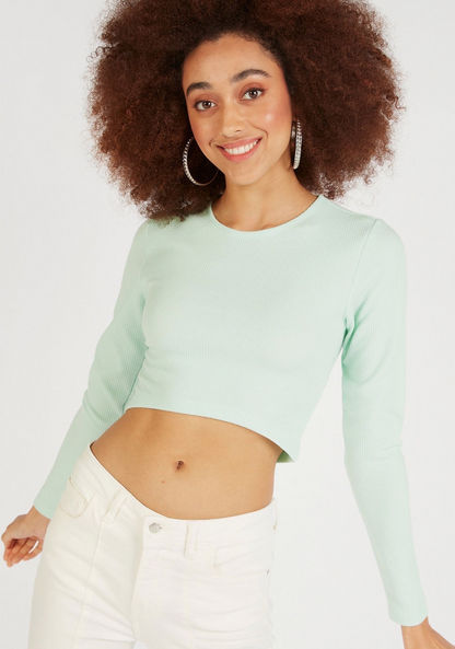 Textured Cropped T-shirt with Round Neck and Long Sleeves-T Shirts-image-2