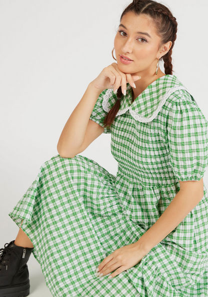 Checked Maxi A-line Dress with Collar and Puff Sleeves-Dresses-image-0