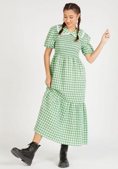 Checked Maxi A-line Dress with Collar and Puff Sleeves-Dresses-image-1