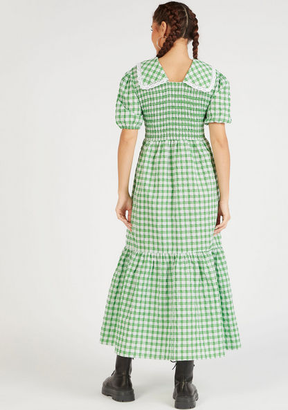 Checked Maxi A-line Dress with Collar and Puff Sleeves-Dresses-image-3