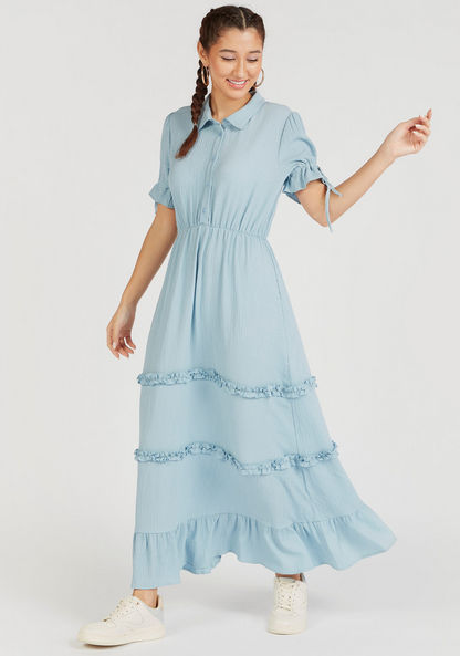 Textured Maxi Tiered A-line Dress with Short Sleeves and Ruffle Detail-Dresses-image-0