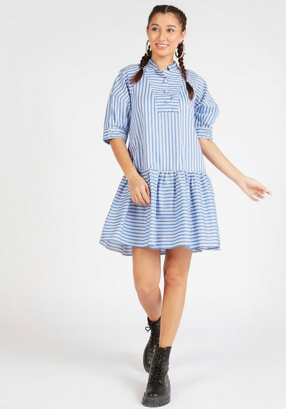 Striped Mini A-line Dress with Short Sleeves-Dresses-image-1