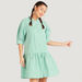 Striped Mini A-line Dress with Short Sleeves and Button Closure-Dresses-thumbnail-0