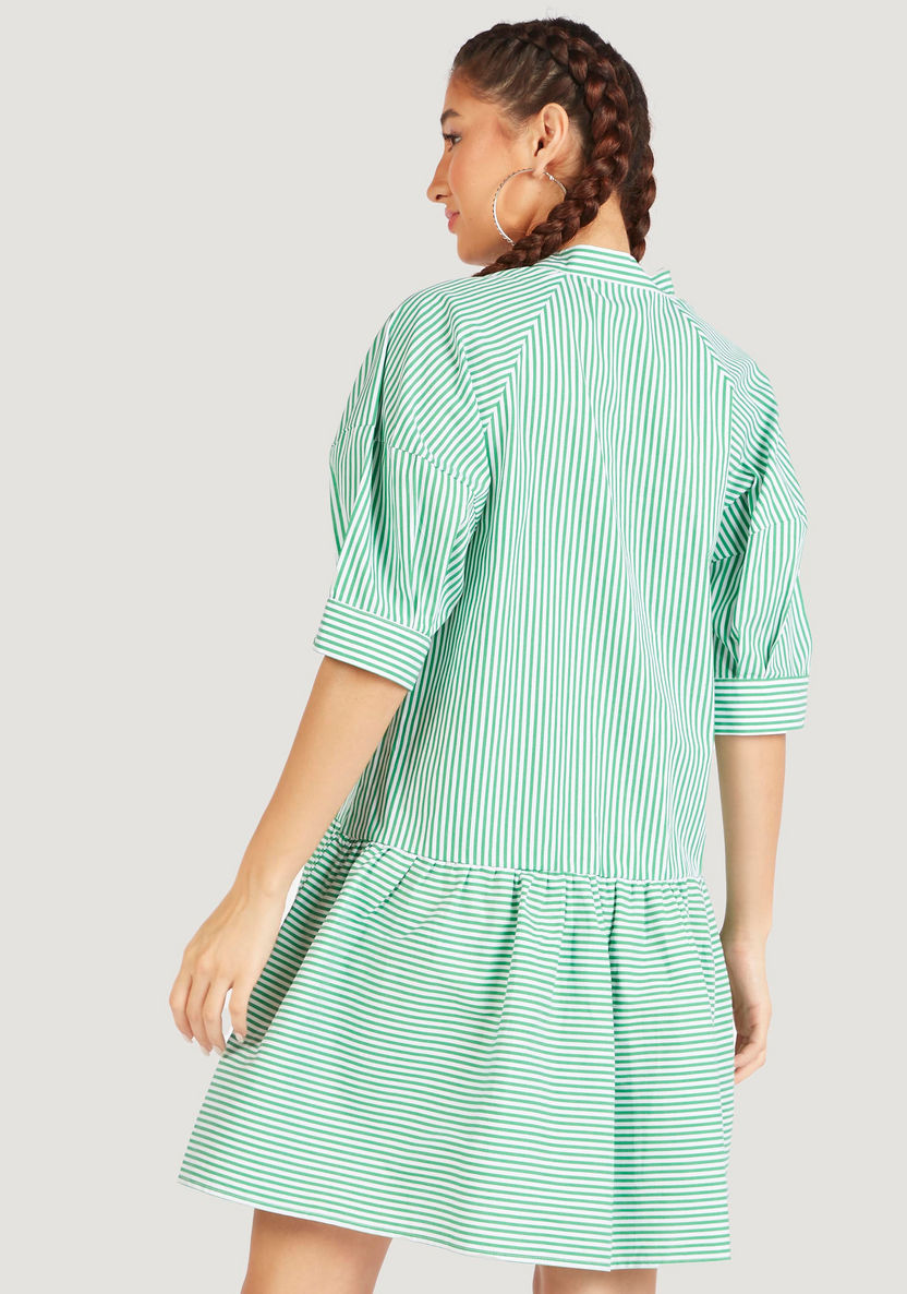 Striped Mini A-line Dress with Short Sleeves and Button Closure-Dresses-image-3