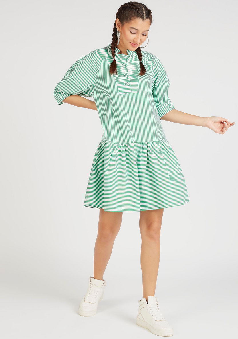 Striped Mini A-line Dress with Short Sleeves and Button Closure-Dresses-image-4