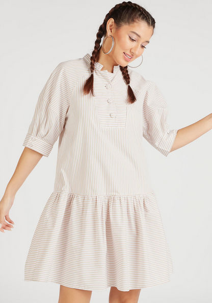 Striped Mini A-line Dress with Short Sleeves and Button Closure-Dresses-image-0