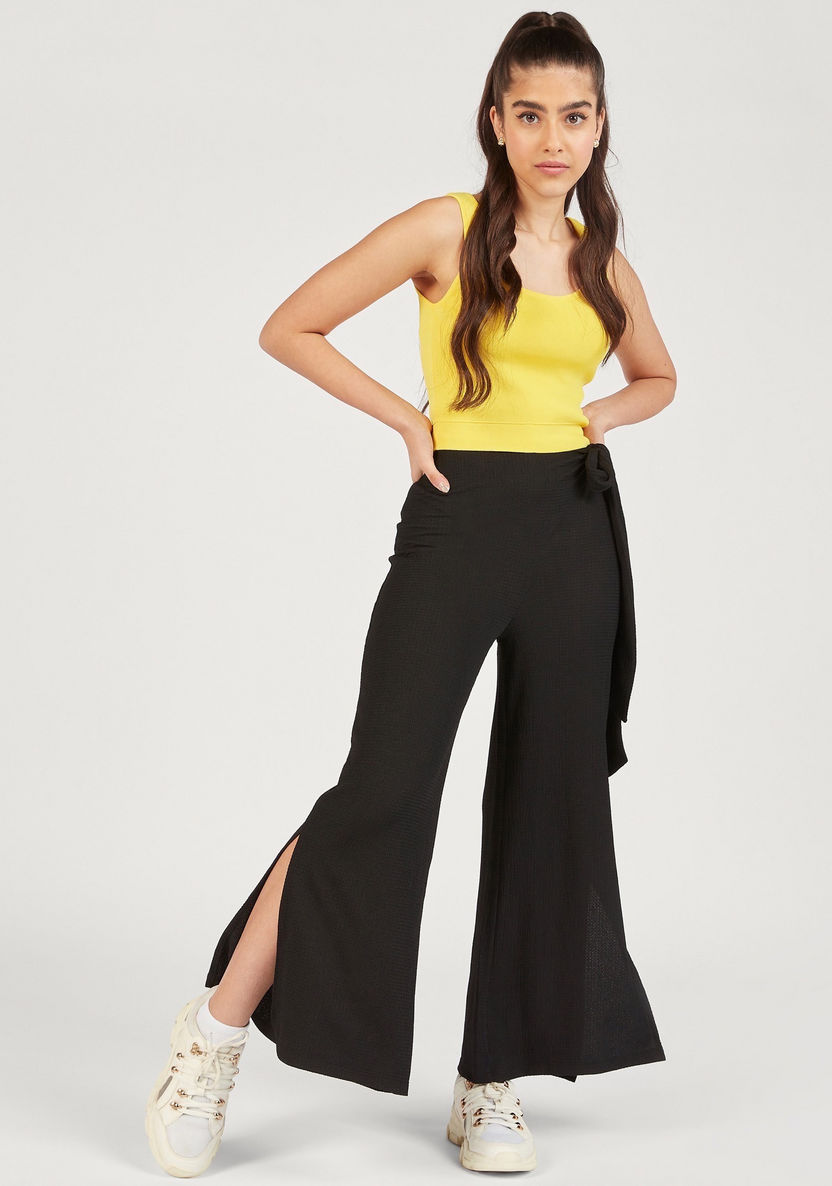 Textured Palazzos with Tie-Ups and Slit Detail-Pants-image-1