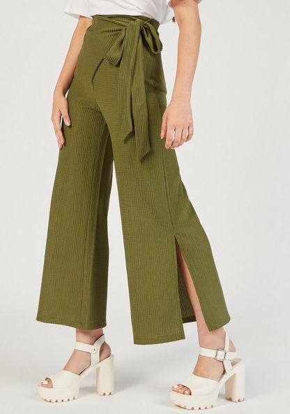 Textured Palazzos with Tie-Ups and Slit Detail-Pants-image-4