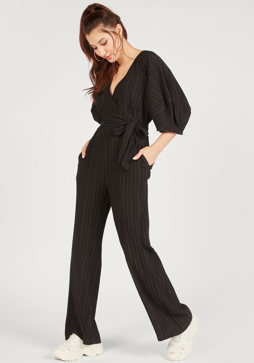 Textured V-neck Jumpsuit with Belt Tie-Up and 3/4 Sleeves-Jumpsuits and Playsuits-image-0