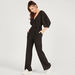 Textured V-neck Jumpsuit with Belt Tie-Up and 3/4 Sleeves-Jumpsuits and Playsuits-thumbnail-0