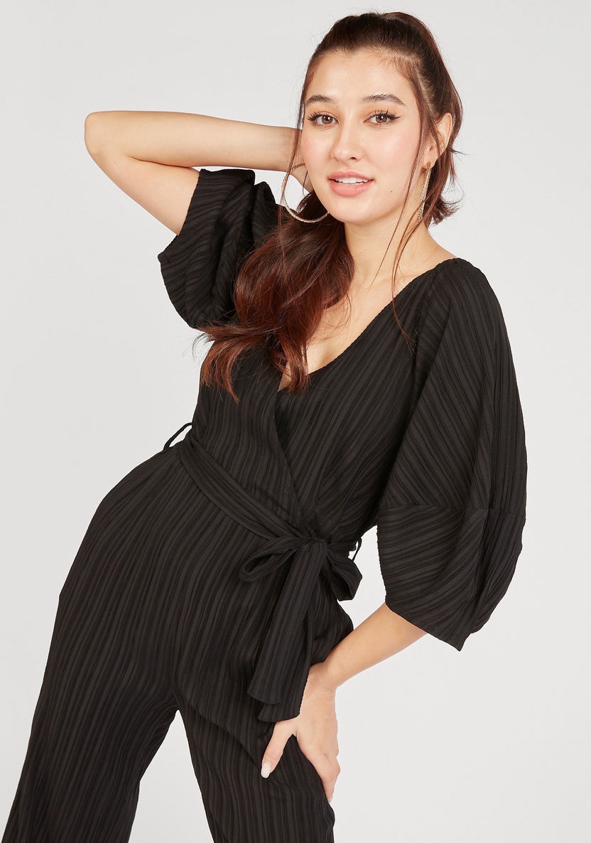 Textured V-neck Jumpsuit with Belt Tie-Up and 3/4 Sleeves-Jumpsuits and Playsuits-image-1