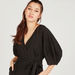 Textured V-neck Jumpsuit with Belt Tie-Up and 3/4 Sleeves-Jumpsuits and Playsuits-thumbnailMobile-2