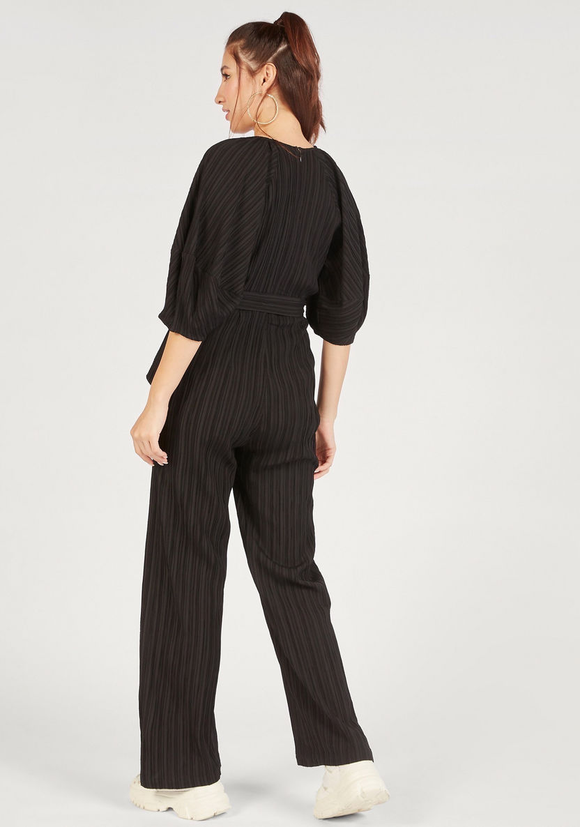 Textured V-neck Jumpsuit with Belt Tie-Up and 3/4 Sleeves-Jumpsuits and Playsuits-image-3