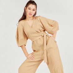 Textured V-neck Jumpsuit with Belt Tie-Up and 3/4 Sleeves