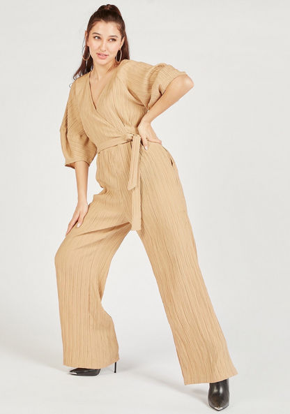 Textured V-neck Jumpsuit with Belt Tie-Up and 3/4 Sleeves-Jumpsuits & Playsuits-image-1