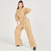 Textured V-neck Jumpsuit with Belt Tie-Up and 3/4 Sleeves-Jumpsuits & Playsuits-thumbnailMobile-1